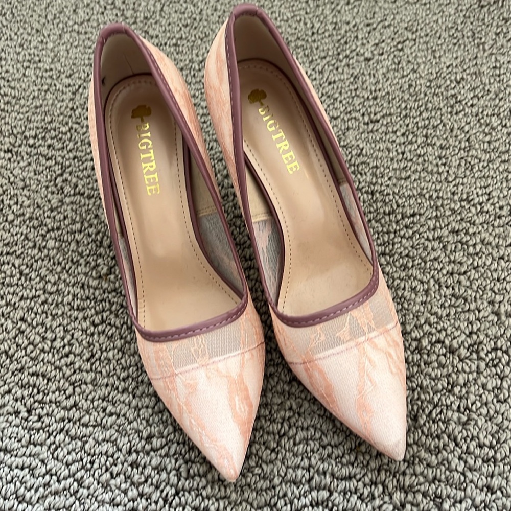 Pink lace spike heels with purple trim